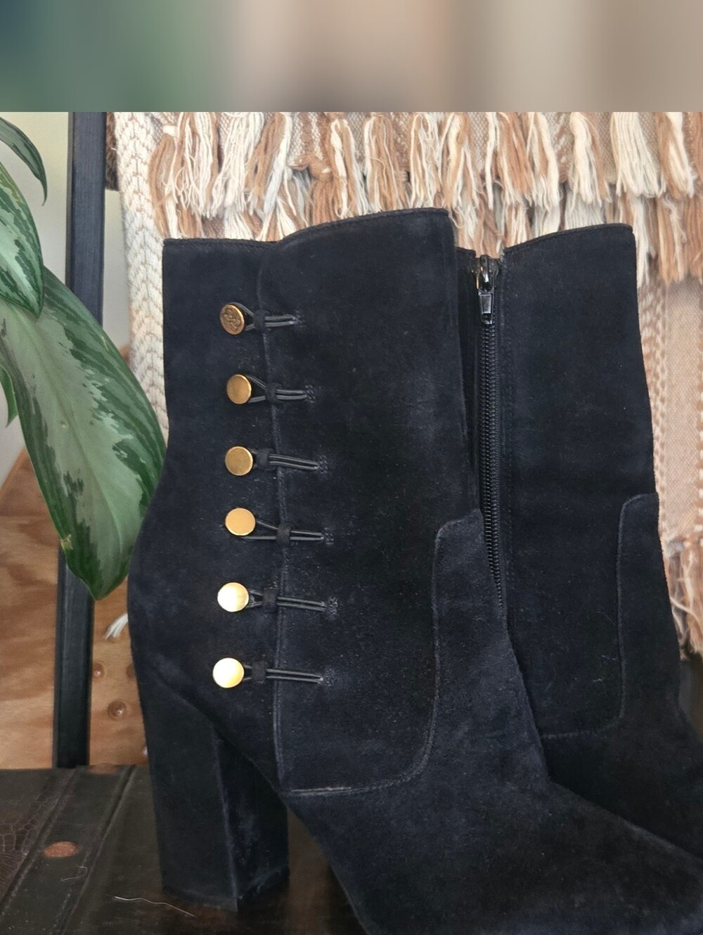 Guess Black Suede Gold Military Button Ankle Booties